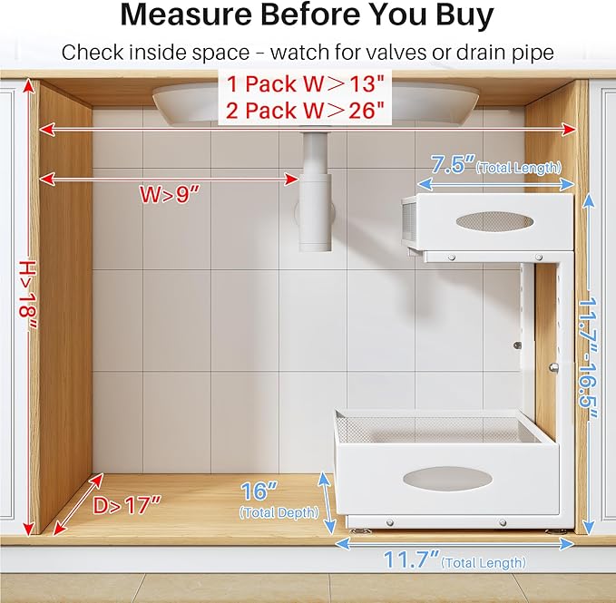 Under Sink Organizer, 2 Tier Pull Out Under Cabinet Organizer Shelf with Pad for Framed Cabinets, Metal Slide Out Under Sink Storage, Mesh Sliding Drawers for Kitchen Bathroom Laundry(White, 1 Pack)