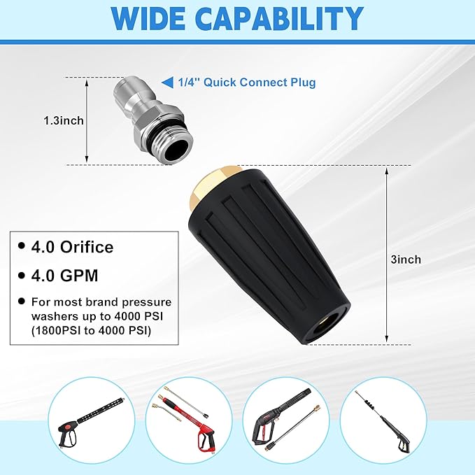 Turbo Nozzle Pressure Washer, Premium 4000 PSI Max Rotating Pressure Washer Nozzle Tips with 1/4 Quick Connect for Cleaning Driveway, Brick, Concrete, Patio, Vinyl Surface, 4.0 GPM 4.0 Orifice