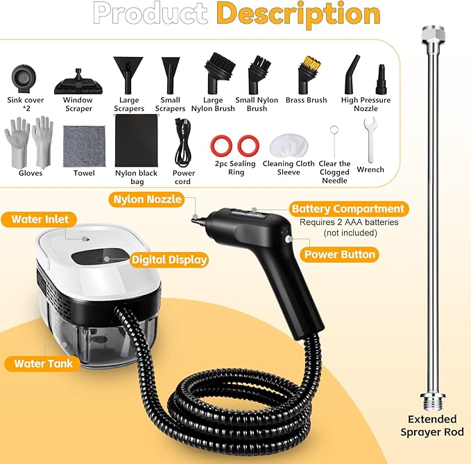 2500W Portable Handheld Steam Cleaner,54oz Large Capacity,3-Level Adjustable Handle,15s Fast Heating Steamer for Cleaning with 20 Pcs Accessories,Plug-and-Play Steam Cleaner for Home,Car,Kitchen,More