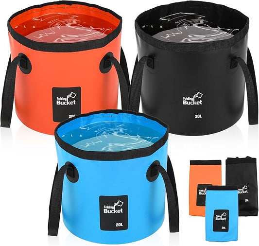 3 PCS 5 Gallon Collapsible Water Bucket, 20L Foldable PVC Bucket with Handles, Multiple Use Portable Fold up Lightweight Container Buckets PVC Folding 5 Gallon for Camping Fishing Outdoor