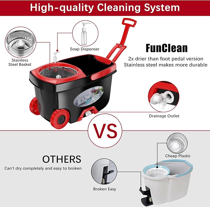 FunClean 360° Spin Mop and Bucket Set with Wringer, 4 Extra Microfiber Heads, 61" Extended Handle for Effortless Floor Cleaning, 2X Wheel Design - Black