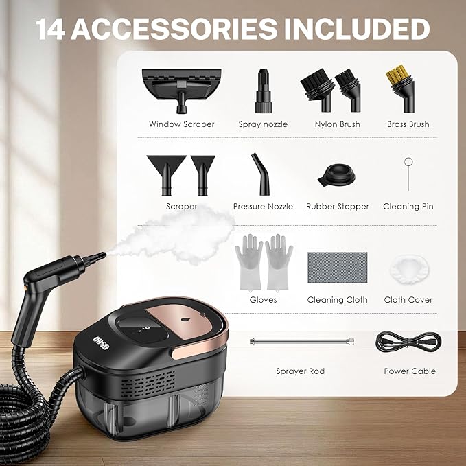 ODSD Steam Cleaner for Home & Car, 3-Level Adjustable Steamer for Cleaning, 15s Heat-Up & 1.6L Large Tank, Handheld Steam Cleaner for Car Detailing, Home, Tile, Grout,Furniture with 15pcs Accessories