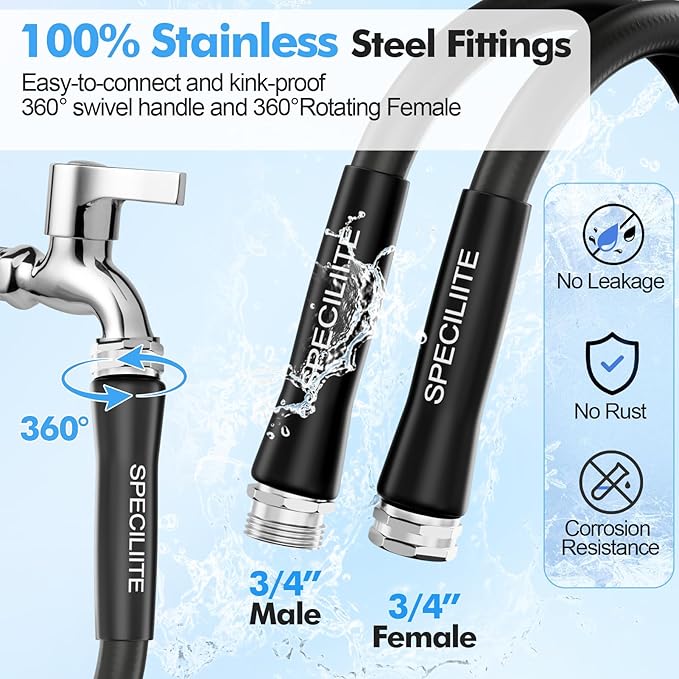 SPECILITE 5/8" Hot/Cold Garden Hose 150 ft with Industrial High Pressure Nozzle, Flexible & Lightweight, 600psi Burst Rubber Water hose -50℉-158℉ With 3/4"Stainless Steel Fittings for Yard, Black