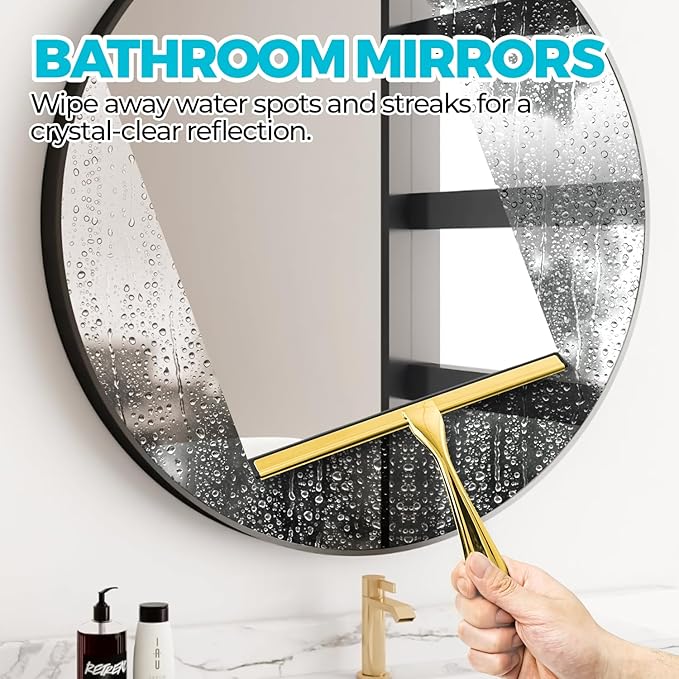 12-Inch Golden All-Purpose Shower Squeegee for Shower Doors, Tile Shower Walls, Bathroom, Window, Glass and Car Windshield, Mirrors and Kitchen-Stainless Steel