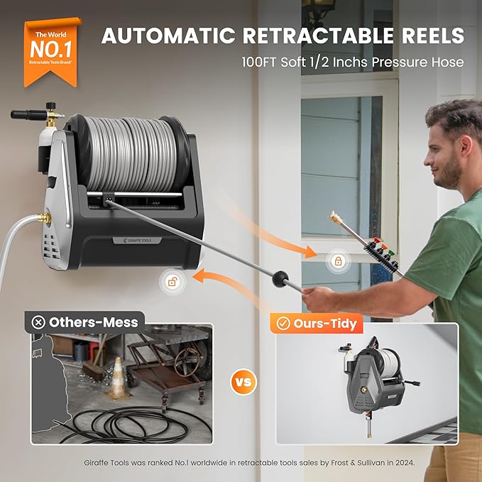 Giraffe Tools Wall Mounted Pressure Washer with 100ft Detachable Hose, Max 2900 PSI 2.2 GPM Electric Power Washer with 1800W Motor, Automatic Rewind, Any Length Locky