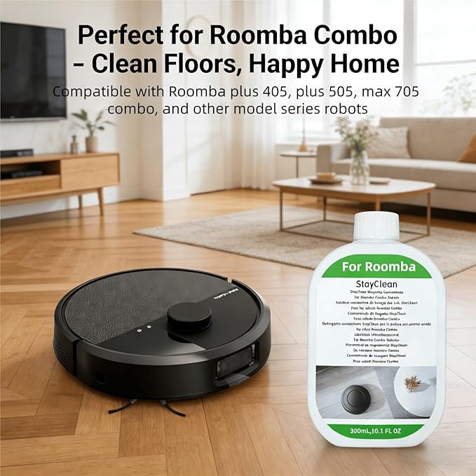 Floor Cleaner Liquid, 1 Bottle, 300ml Fresh Scent, Low Foam Formula, Deep Cleaning, Compatible with Roomba Plus 405/505/Max 705 Cleaning Robot