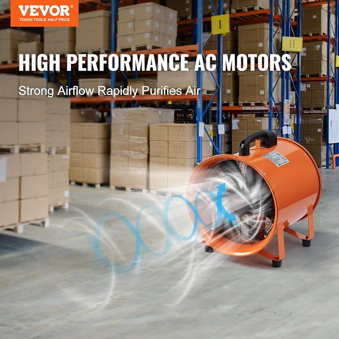 VEVOR Air Mover Blower Fan 10 Inch, 1893CFM 380W with 16.4ft Flexible Duct, Industrial Portable Ventilator Blower/Exhaust, Orange