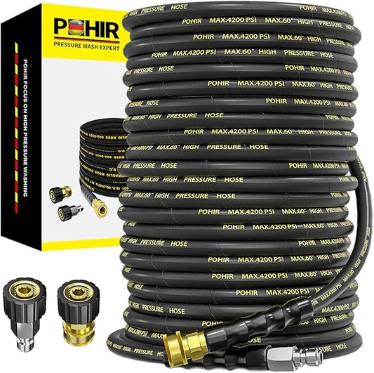 POHIR Pressure Washer Hose 150 FT with 3/8'' Quick Connect, High Tensile Wire Braided Power Washer Hose with 2 Quick Connect Kits, Compatible M22 14mm, Hose for Pressure Washer, 4200 PSI