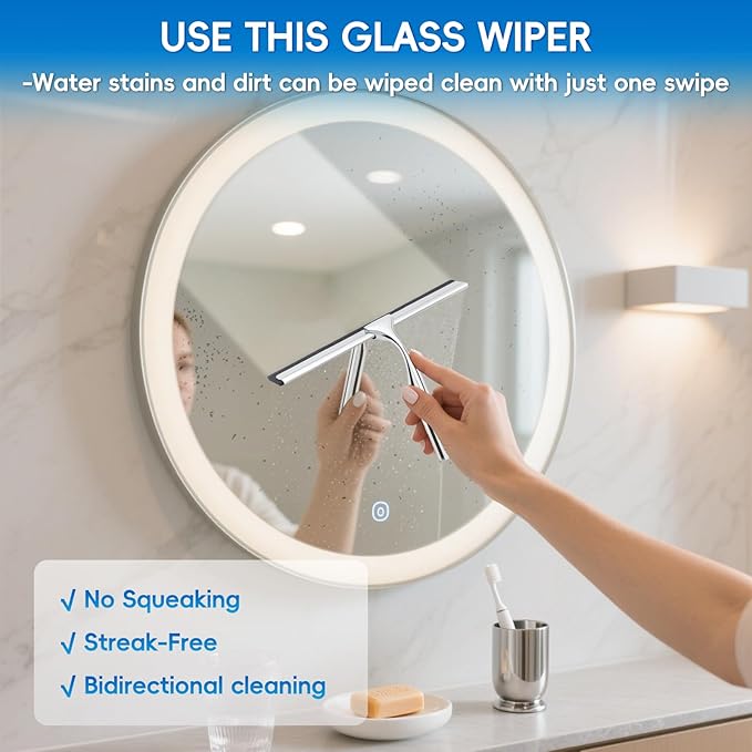 Shower Squeegee for Glass Doors,Stainless Steel Shower Door Squeegee,Windows, Mirrors, Car Windows, Tile Shower Walls, 10 Inch Silver,Durable Includes Shower Door Adhesive Hook