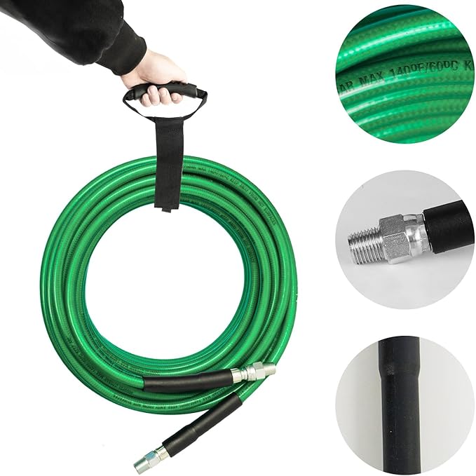 Hourleey Sewer Jetter Kit for Pressure Washer 50FT, 4000 PSI Drain Cleaner Hose 1/4 Inch NPT, Corner Rotating and Button Hose Sewer Jetting Nozzle Pearl Corsage Pin Tape Handle Strap Spanner, Green