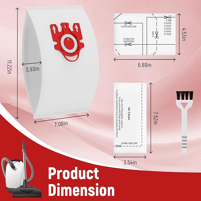 3D Airclean Dust Bags Replacement for Miele FJM Vacuum Compact C2 Compact C1 Complete C1 S241 S290 S300i S500 S700 S4 S6 Series (Pack of 9) with 3 Motor Protection Filters 3 Air.Clean Filters