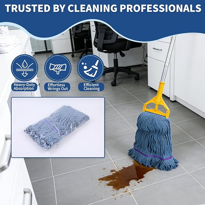 Blue Commercial Mop Head Replacement , Heavy-Duty Reusable and Washable Loop End Mops for Industrial Floor Cleaning on Hardwood and Concrete (4 Pack)