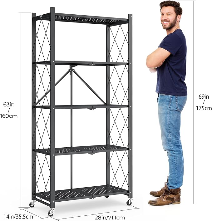 5-Tier Folding Metal Storage Shelf with Wheels, Heavy Duty Organizer Rack Holds 750 lbs, No Assembly Utility Shelving for Kitchen, Garage, Pantry, Living Room, Office (New Upgrade - Black, 5 Tier)