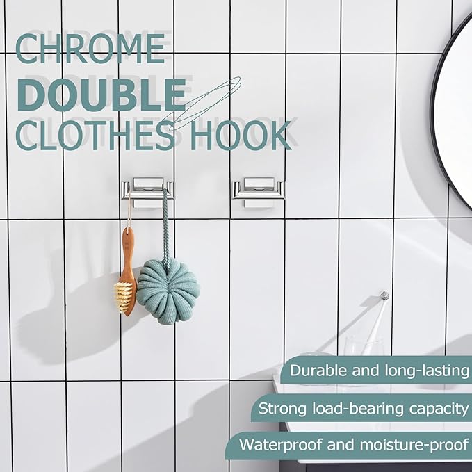 KOKOSIRI Robe Hook Bathroom Double Towel Coat Hooks for Bath Kitchen Wall Mounted, 2 Pack Chrome Stainless Steel B1015CH-P2