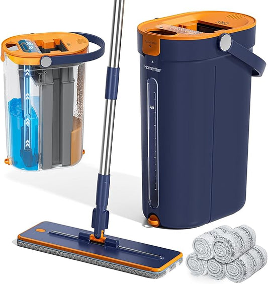 Mop and Bucket Set with Wringer, 3-Tank Flat Mop and Bucket System, Wall Mop Cleaner with Long Handle, Hands Free Mops for Floor Cleaning with 6 Microfiber Pads