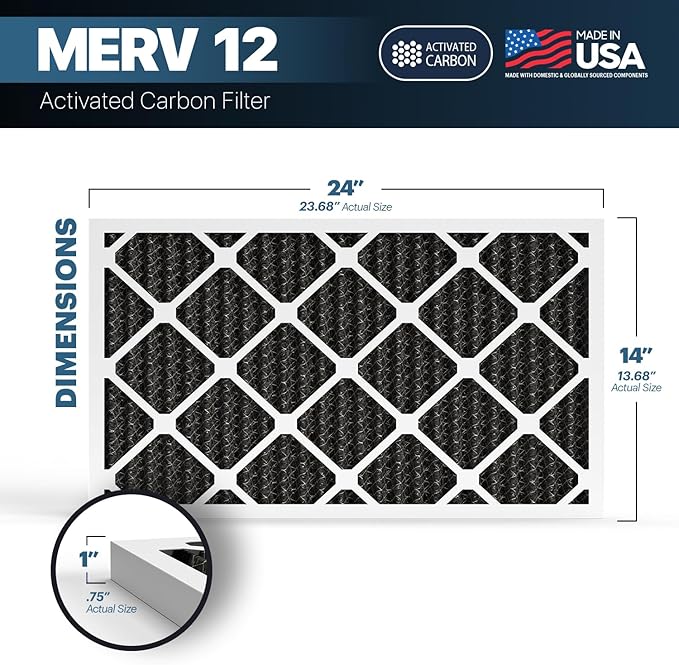 BNX TruFilter 14x24x1 MERV 12 Odor Defense (6-Pack) AC Furnace Air Filter with Activated Carbon - MADE IN USA - Pleated Air Conditioner HVAC AC Furnace Filters - Removes Odor, Mold, Bacteria, Smoke