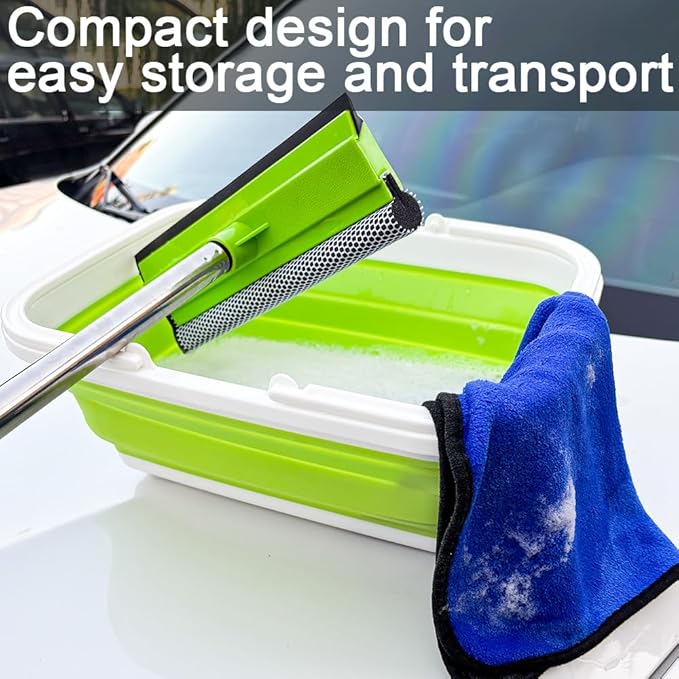 Window Cleaning Kit, Squeegee with Bucket for Windshield Cleaning, Bathroom, Shower Doors, Mirrors, Tiles, and Car Windows (Green)