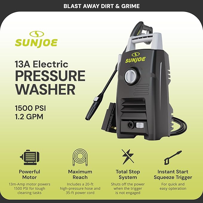 Sun Joe Electric Pressure Washer with Powerful Motor for Cars/Fences/Patios/All Uses, Safety First GFCI Power Cord, Adjustable Spray Wand & Total Stop System, 20-Foot Hose, Black, SPX205E-XT