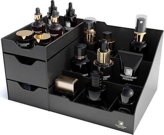 Uncluttered Designs Large Black Vanity Organizer - Countertop Mens Organizer With Drawers for Cologne, Deodorant, Beard, Shaving Lotion, Perfume & Skincare - Perfect for Bathroom & Bedroom Storage
