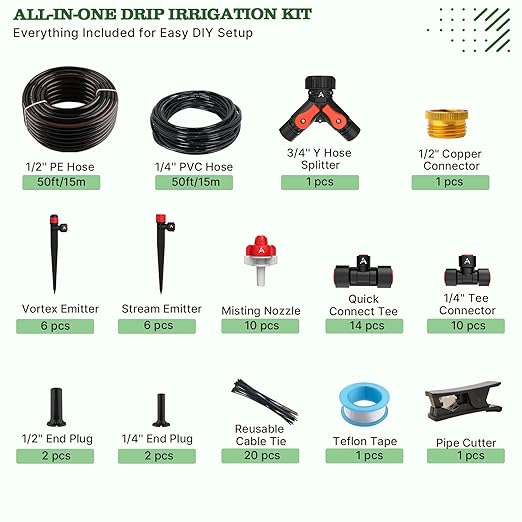A ANLEOLIFE 100FT Drip Irrigation System Kit, Quick-Connect Garden Watering System with 1/2” & 1/4” Tubing, Y Splitter, 22 Adjustable Emitters & Nozzles for Garden Beds, Greenhouse, Yard