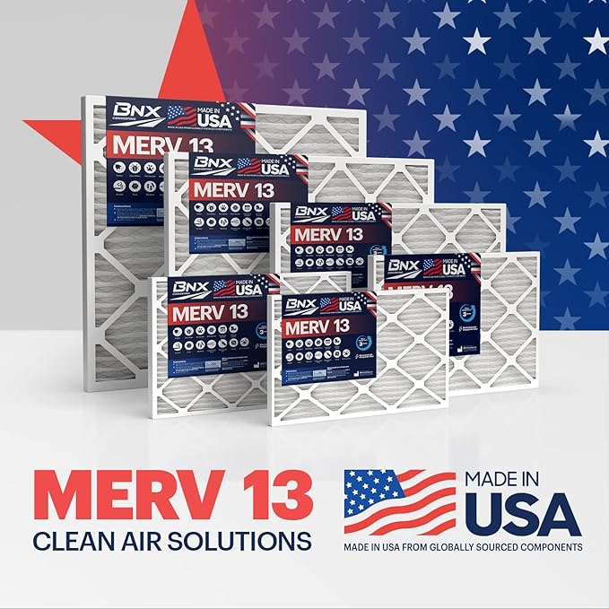 BNX TruFilter 20x25x1 Air Filter MERV 13 (4-Pack) - MADE IN USA - Electrostatic Pleated Air Conditioner HVAC AC Furnace Filters for Allergies, Pollen, Mold, Bacteria, Smoke, Allergen, MPR 1900 FPR 10