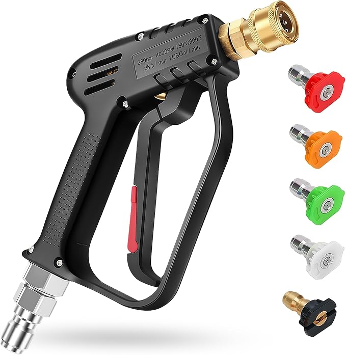 Short Pressure Washer Gun with Swivel, High Pressure Water Handle, Anti-Tangle Design, Max 4000 PSI with 5 Spray Nozzle Tips, 3/8'' Male Plug and M22-14/15mm Fittings for Car Detailing