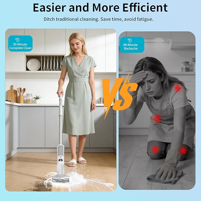 Electric Spin Scrubber, Cordless 20W High-Torque IPX7 Waterproof Cleaning Brush with LED Battery Display, 2-Speed &6 Replaceable Heads & Extendable Long Handle for Bathroom Kitchen Car