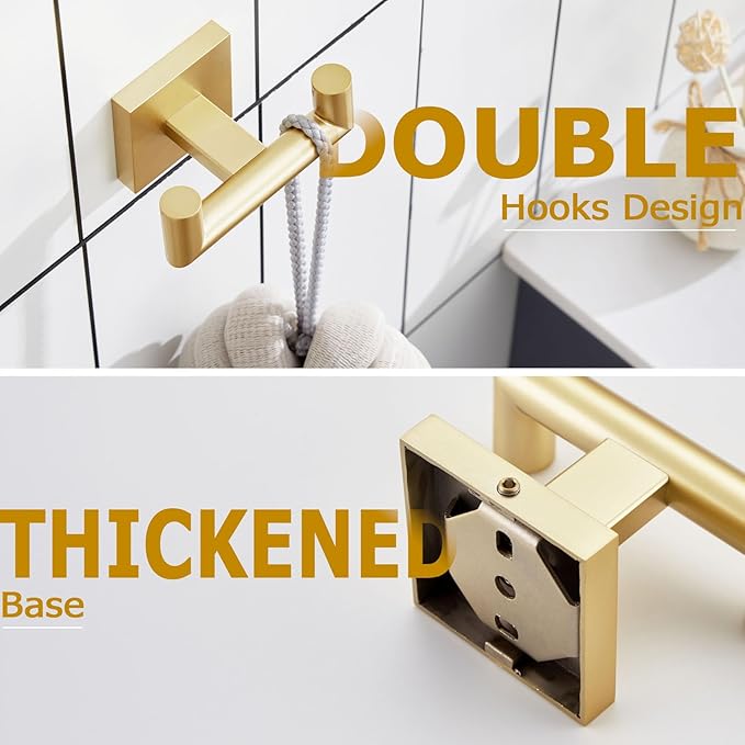 KOKOSIRI Robe Hooks Bathroom Double Towel Coat Hook for Bath Kitchen Wall Mounted, 3 Pack Brushed Gold Stainless Steel B1015BG-P3