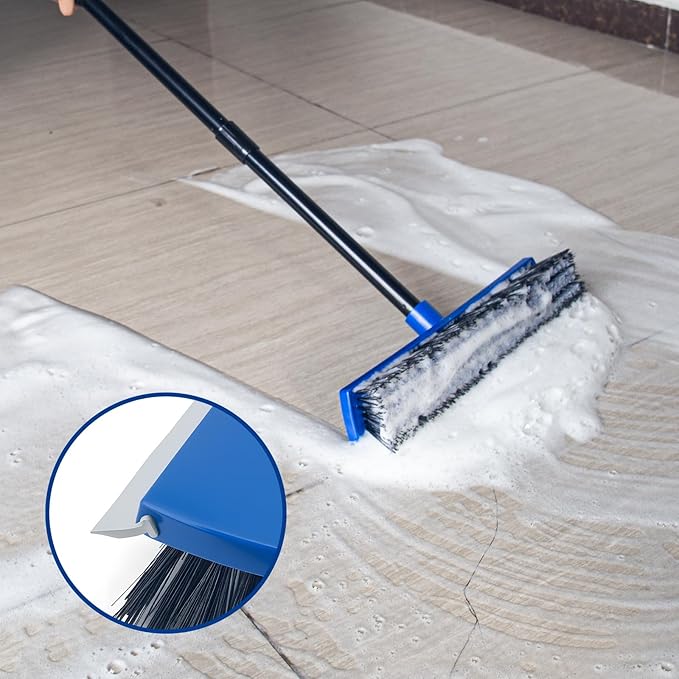 16 Inch 2-in-1 Squeegee Push Broom Outdoor Deck Brush 58" Long Handle for Patio Garage Warehouse Driveway Concrete Floor Cleaning Scrubbing(Blue)