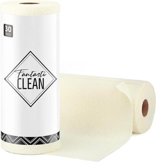 Fantasticlean Microfiber Cleaning Cloth Roll -30 Pack, Tear Away Microfiber Towels, 12" x 12", Reusable, Washable, Scratch Free, Ultra Absorbent Dishcloth for All-Around Cleaning Supplies (Beige)