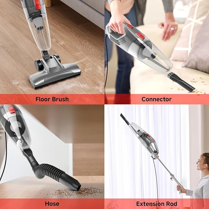 Corded Stick Vacuum Cleaner - Lightweight, Powerful Suction with 450W Motor, 3-in-1 16.4Ft Cord Vacuum Cleaners for Home, Hard Floor, Carpet, Pet Hair Black Gray