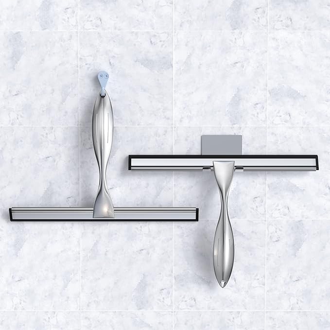 14-Inches Stainless Steel Shower Squeegee Set, Include Shower Door Hook, Adhesive Hook and Spare Silicone Blade, Window Squeegee for Shower Glass Door, Bathroom, Mirror, Window and Car Glass