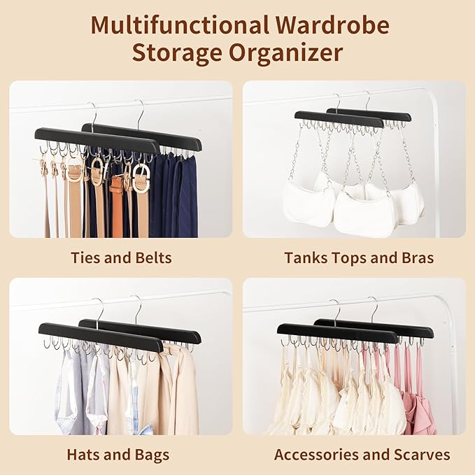 Bra Hanger for Closet Organizer, Wooden Tank Top Hangers with 20 Foldable Hooks, 360° Rotating Design, Space Saving Storage for Tank Tops, Bras, Scarves, Belts, Ties etc (2, Black)
