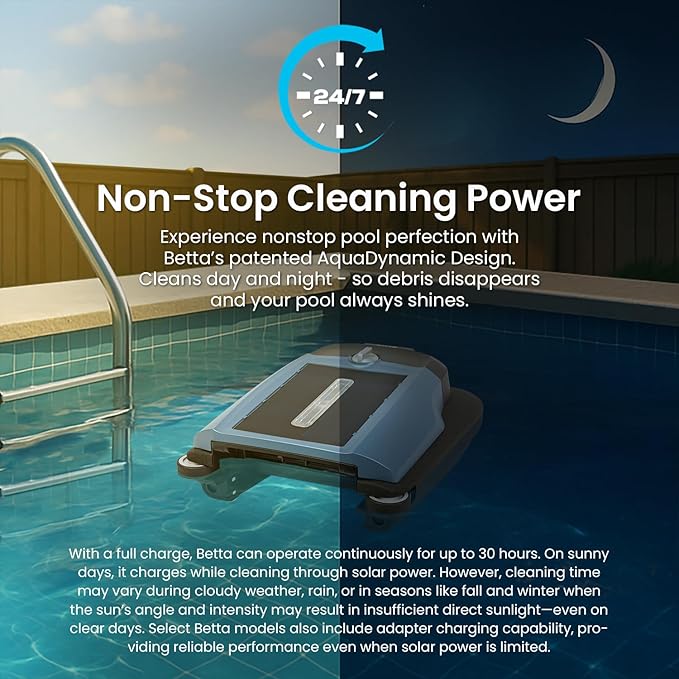 Betta Flex Solar-Powered Robotic Pool Skimmer – Cordless with Dual Cleaning Modes, Soft-Touch Pool Protection. Compatible with Infinity Edge, In-Ground & Above-Ground Pools (Blue)