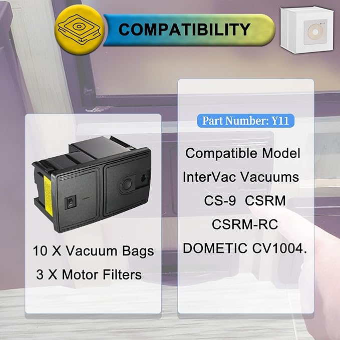 10 Pack Y11 Vacuum Bags With 3 Motor Filters Compatible with InterVac RoadVac RV Cleaner CSRM & CS-9 and Dometic CV1004-8, Part # Y11