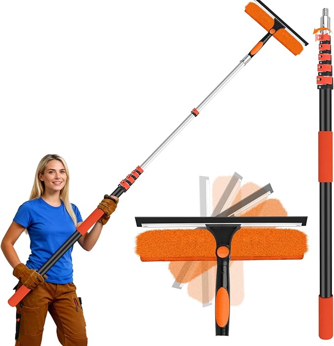 30FT Telescoping Window Cleaning Kit with 14" Squeegee - 2-in-1 Professional Window Scrubber & Extension Pole - Extra Long High-Reach Glass Cleaner Tool for Indoor & Outdoor High Windows, RV