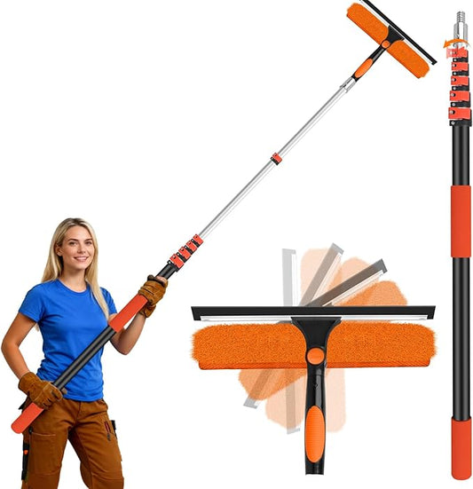 30FT Telescoping Window Cleaning Kit with 14" Squeegee - 2-in-1 Professional Window Scrubber & Extension Pole - Extra Long High-Reach Glass Cleaner Tool for Indoor & Outdoor High Windows, RV
