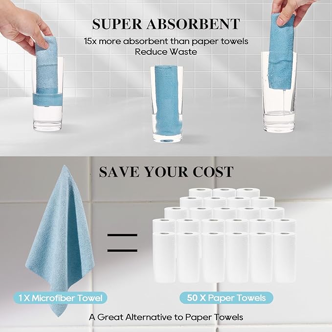 HONOVA Microfiber Cleaning Cloth Roll 90 Pack, Tear Away Microfiber Towels, 12" x 12", Reusable Paper Towels, All Purpose Paper Towels for Kitchen, Window, Car, Shop(Blue&Grey)