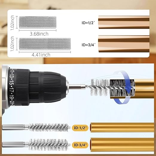 1/2" & 3/4" Copper Pipe Cleaner Set for Drill, with 1/4" Hex Shank & 6 Brush Blades & 4 Stainless Steel Wire Bore Brush Plumbing Tools for Removing Rust, Stains & Paint from Copper & Metal Pipes