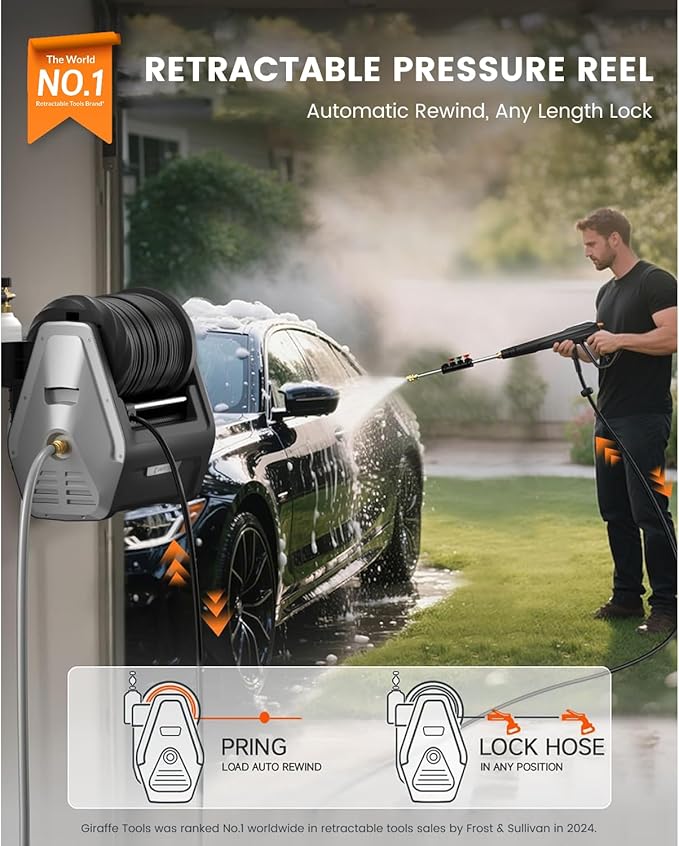 Giraffe Tools Wall Mounted Pressure Washer G30 with Upgraded 1800W Motor, Max 2900 PSI, 2.2 GPM Electric Power Washer with 100ft Retractable Black Pressure Hose, Automatic Rewind, Light Silver