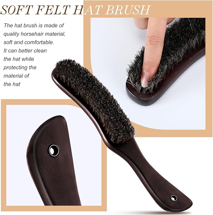 Patelai 2 Pcs Horsehair Felt Hat Brush Kit Lint Brush with Cleaning Sponge Felt Cowboy Hat Remover Kit Remove Dust Lint Brushes for Clothes Western Hats, Shoes(Reddish Brown,Schima Superba)