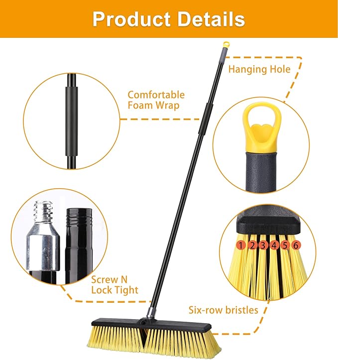 18 Inches Push Broom Outdoor- Heavy Duty Broom with 63" Long Handle for Deck Driveway Garage Yard Patio Concrete Floor Cleaning