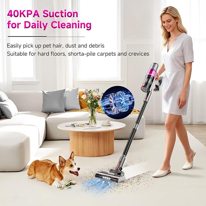 Cordless Vacuum Cleaner: Portable 6-in-1 Stick Vacuum with Anti-Tangle Brush, LED Headlight, Self-Standing, HD display, Rechargeable Vacuum for Pet Hair, Low-Pile Carpet and Hardwood Floor-Purple