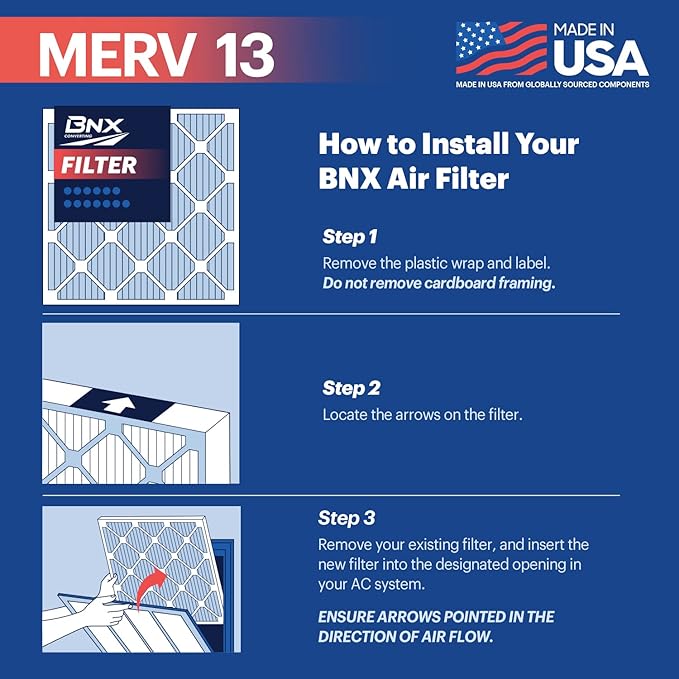 BNX 20x20x1 MERV 13 Air Filter 2 Pack - MADE IN USA - Electrostatic Pleated Air Conditioner HVAC AC Furnace Filters - Removes Pollen, Mold, Bacteria