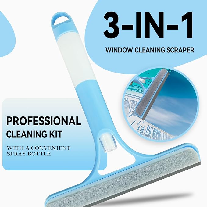3 in 1 Window Cleaning Scraper,All-Purpose Spray Window Squeegee Cleaner Tool,for Glass Doors for Windows Glass, Mirrors Scraper, Brush (Blue)