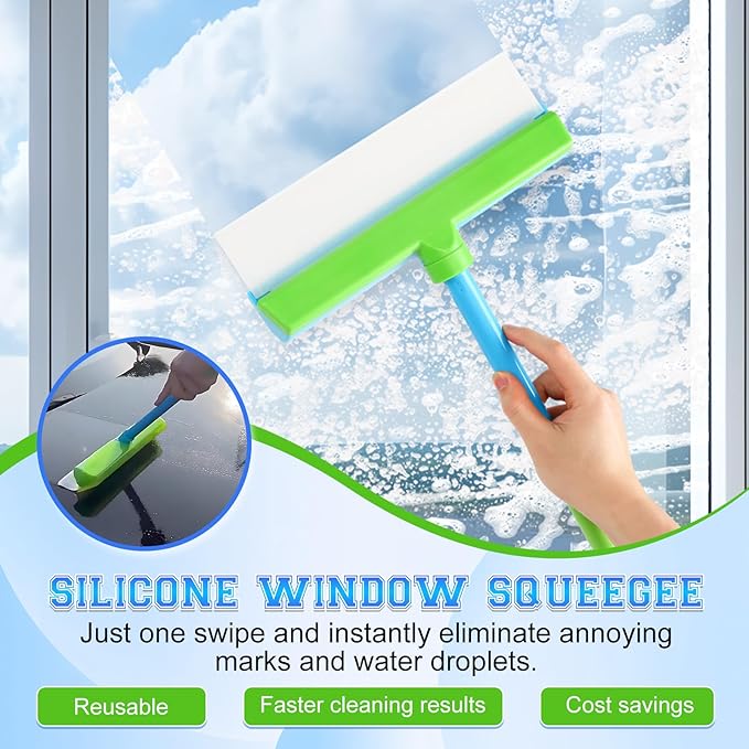 Window Cleaning Kit, Window Squeegee, Recyclable Silicone Window Squeegee Kit, 3 in 1 Glass Cleaning Tool with Rotatable Rubber Microfiber Scrubber (1 Set)