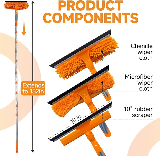 152" Squeegee Window Cleaner 2 in 1 Rotatable Window Cleaning Tool Kit with Extension Pole, Window Washing Equipment with Bendable Head for Indoor/Outdoor Window and Car Glass