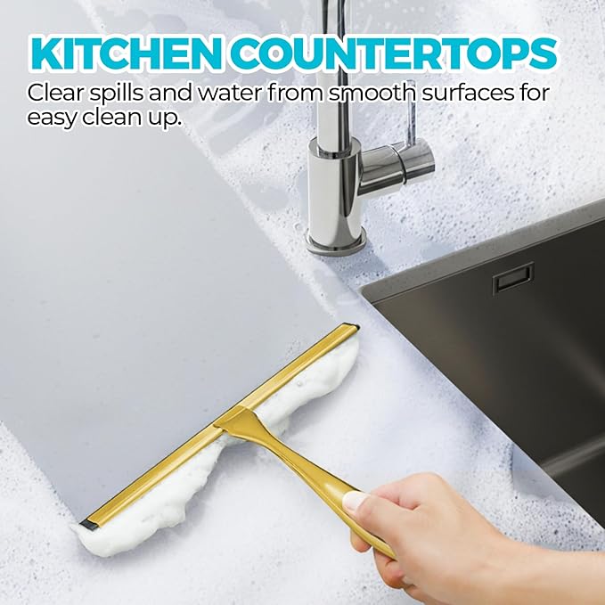 12-Inch Golden All-Purpose Shower Squeegee for Shower Doors, Tile Shower Walls, Bathroom, Window, Glass and Car Windshield, Mirrors and Kitchen-Stainless Steel