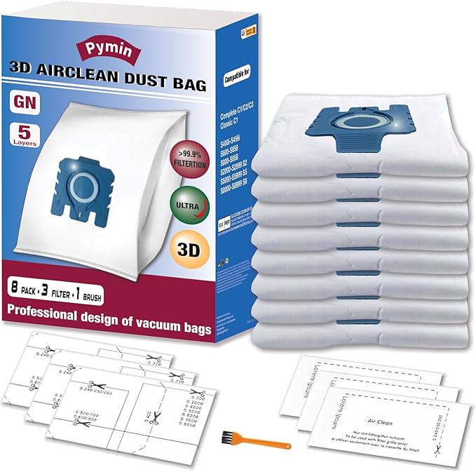 Pymin 8 Pack GN Vacuum Dust Bags Compatiable with Miele Hoover Bags,3D Efficiency GN Vacuum Bags for Classic C1,Complete C2 C3, S227 S240, S270, S400, S600, S800,S2, S5, S8 Series(8 Bags+3 Filters)