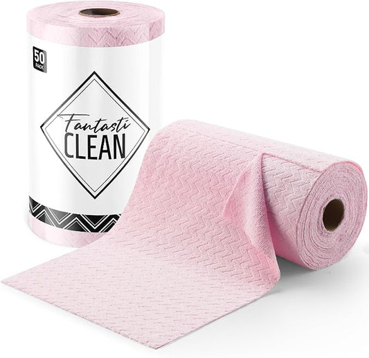Fantasticlean Microfiber Cleaning Cloth Roll, 16" x 12"- 50 Sheets, Reusable Tear Away Microfiber Towels, Ultra Absorbent Dish Rags for Car, Home or Office (Pink Ripple)